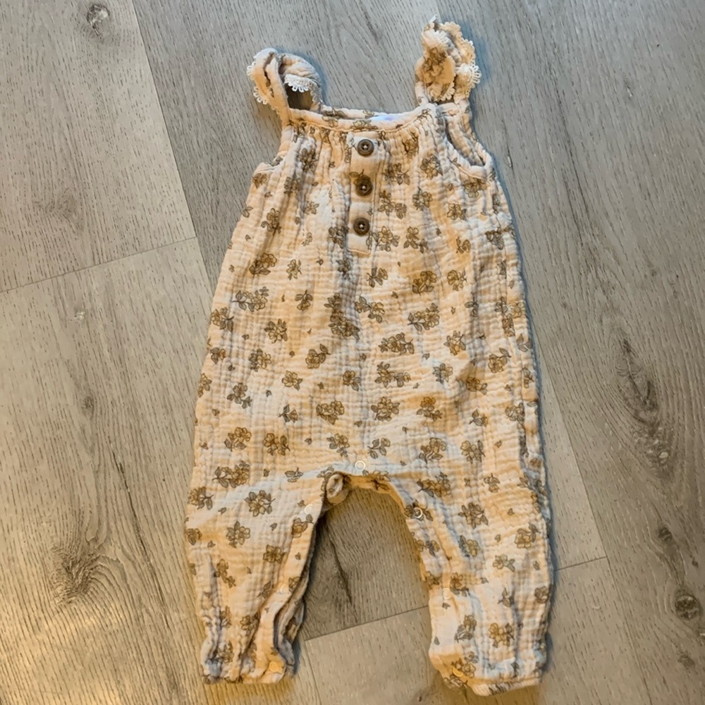 Emily and Oliver Floral Cotton Gauze Romper 6-9M Yellow Lace Trim‎ Boho